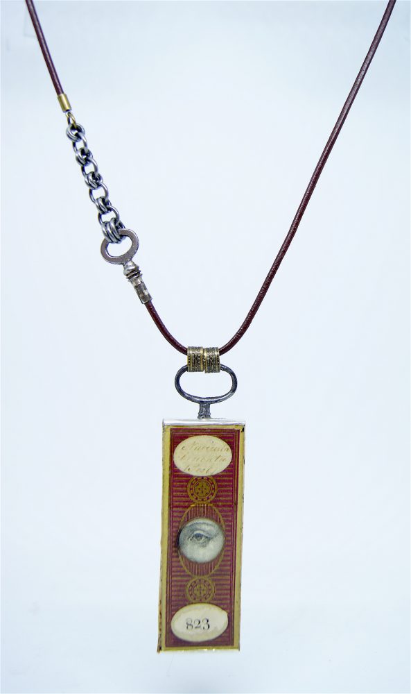 Victorian microscope slide, drypoint print, clock keys, leather, steel chain